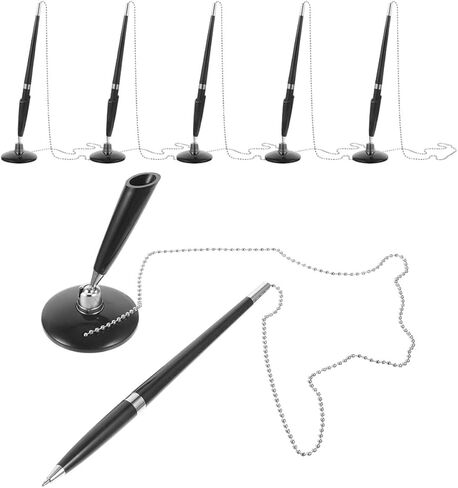 Gatuida 6pcs Black Ballpoint Desk Pen with Chain and Adhesive Base Holder Secure Ink Pens for Office Bank Reception Counter Use in Saudi Arabia