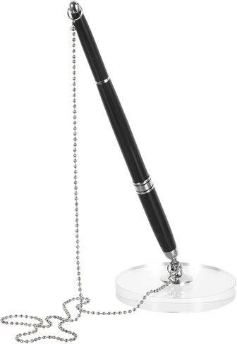 Crystal Signature Desk Pen with Chain and Weighted Base Black Silver Reception Signing Pen for Office and Bank Counters with Stand in Saudi Arabia