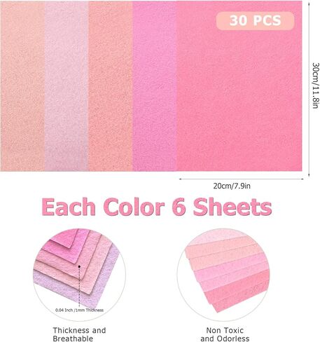 30 Pcs Pink Felt Sheets for Crafts 1mm Thick 5 Assorted Colors Stiff Felt, Felt Fabric for Sewing, Patchwork, DIY Projects and Decoration, 7.9 x 11.8 Inch in Kuwait
