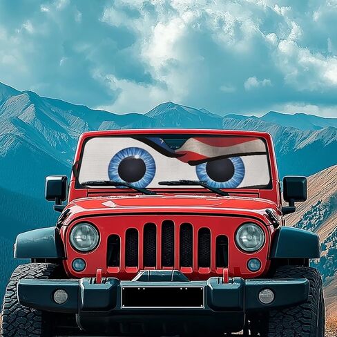 Tuoxiukan Sun Shade for Car Window Front Windshield Sunshade for Jeep Rubicon Sahara TJ JK JKU 2 Door & 4 Door Funny Eyes American Flag Easy to Install Auto Interior Accessories in Kuwait