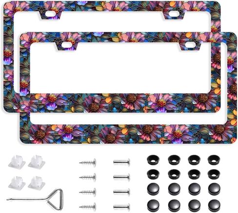 2Packs License Plate Frame Auto Stainless Steel Car Tag Frame with Screws Purple Glass Flower Floral Car Accessories for Women in Saudi Arabia