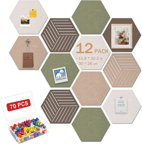 12 Pack Hexagon Cork Board, Warm Khaki & Hexagon Felt Bulletin Board with 70 Pins, 11.8x10.2 Felt Board,for Home Office Decor Wall Art & Vision Board with Cut-Out Designs in Saudi Arabia