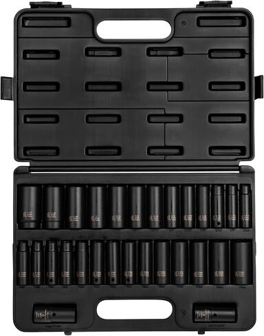 SUNEX TOOLS 5153DD, 1/2 Inch Drive Master Impact Socket Set, Double Deep, 29-Piece, SAE/Metric, 7/16"-1-1/4", 10mm-27mm, Cr-Mo Steel, Radius Corner Design, Dual Size Markings, Heavy Duty Storage Case in Saudi Arabia