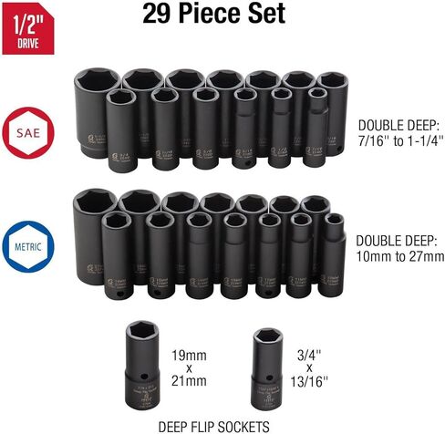 SUNEX TOOLS 5153DD, 1/2 Inch Drive Master Impact Socket Set, Double Deep, 29-Piece, SAE/Metric, 7/16"-1-1/4", 10mm-27mm, Cr-Mo Steel, Radius Corner Design, Dual Size Markings, Heavy Duty Storage Case in Saudi Arabia
