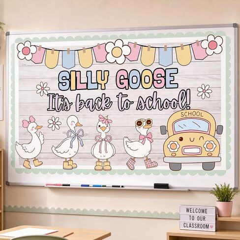 44 Pcs Silly Goose Classroom Decor Back to School Bulletin Board Decoration Set School Bus Silly Goose Paper Cutout Floral Banner for First Day of Schools Classroom Office Chalkboard Wall Door Decor in Kuwait