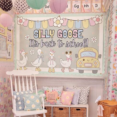 44 Pcs Silly Goose Classroom Decor Back to School Bulletin Board Decoration Set School Bus Silly Goose Paper Cutout Floral Banner for First Day of Schools Classroom Office Chalkboard Wall Door Decor in Kuwait