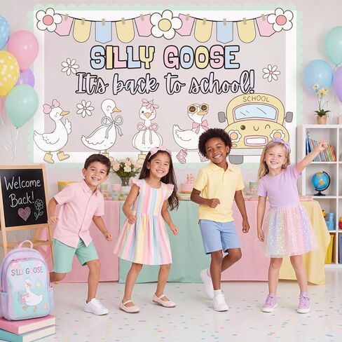 44 Pcs Silly Goose Classroom Decor Back to School Bulletin Board Decoration Set School Bus Silly Goose Paper Cutout Floral Banner for First Day of Schools Classroom Office Chalkboard Wall Door Decor in Kuwait