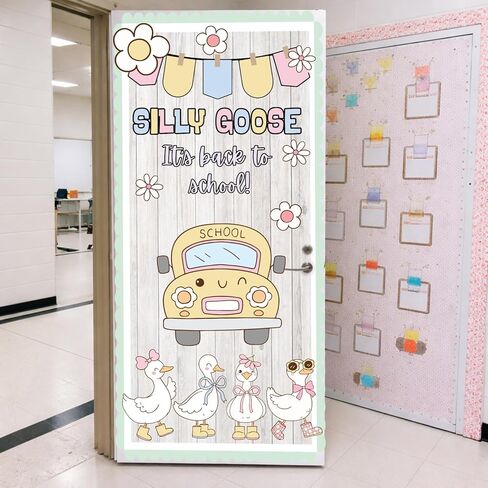 44 Pcs Silly Goose Classroom Decor Back to School Bulletin Board Decoration Set School Bus Silly Goose Paper Cutout Floral Banner for First Day of Schools Classroom Office Chalkboard Wall Door Decor in Kuwait