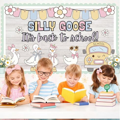 44 Pcs Silly Goose Classroom Decor Back to School Bulletin Board Decoration Set School Bus Silly Goose Paper Cutout Floral Banner for First Day of Schools Classroom Office Chalkboard Wall Door Decor in Kuwait