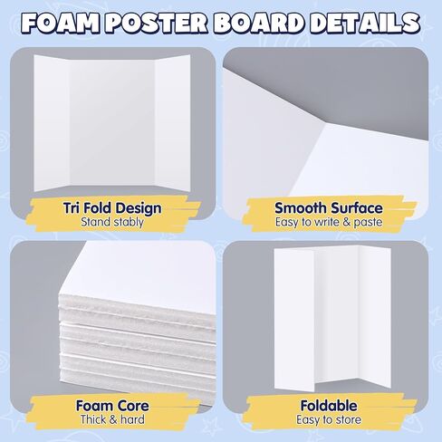 AKONEGE 2 Pack White Trifold Poster Board 36" x 48" Foam Core, Large Tri Fold Foam Poster Boards for Presentations, Science Fair Display, Photo Display, Office & School Projects, Event Exhibitions in Kuwait