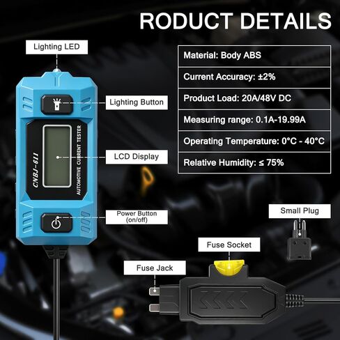 Automotive Circuit Fault Probe Tester, 20A 48V Parasitic Draw, Car Relay & Circuit Tester with Overcurrent Detection, Inline Current Monitor for Mini & Standard Blade Fuses in Saudi Arabia