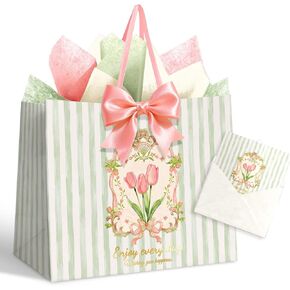 NICROHOME EUR 13'' Large Gift Bags, Green Striped Paper Gift Bag with Greeting Card Tissue Paper, Tulip and Pink Bows Gift Wrap Bags for Girls Women Birthday, Wedding, Mothers Day Gift Packing Favors in Saudi Arabia