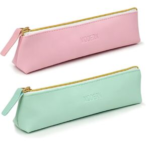 2PCS Faux Leather Pencil Case Pouch,Slim Aesthetic Pen Bags with Zipper Cute Small Makeup Brush Pouches for Purse Desk Organizer Office (2, PinkGreen) in Saudi Arabia