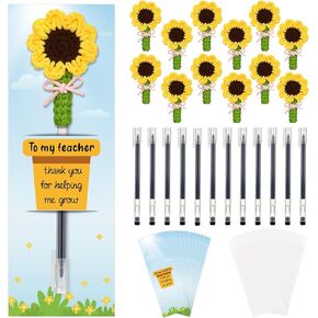 Resurhang 12 Set Teacher Appreciation Gift Bulk Bundle Crochet DIY Handmade Pen Cover Thank You for Helping Me Grow Cards Bulk Inspirational Opp Bags Thank You Gift School Office Supplies(Sunflower) in Kuwait