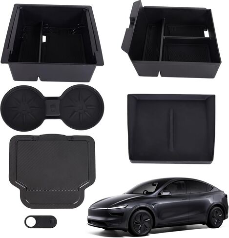 منظم وحدة التحكم المركزية RUTU 6 قطع لـ 2025-2026 Tesla Model Y Juniper & 2024-2026 Model 3 Highland، تخزين مسند ذراع TPE مع حامل أكواب، حصيرة شاحن لاسلكي، غطاء كاميرا، ملحقات داخلية in Kuwait