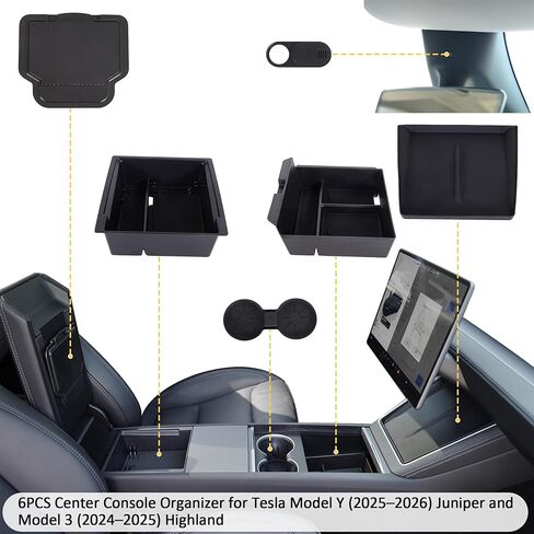 منظم وحدة التحكم المركزية RUTU 6 قطع لـ 2025-2026 Tesla Model Y Juniper & 2024-2026 Model 3 Highland، تخزين مسند ذراع TPE مع حامل أكواب، حصيرة شاحن لاسلكي، غطاء كاميرا، ملحقات داخلية in Kuwait