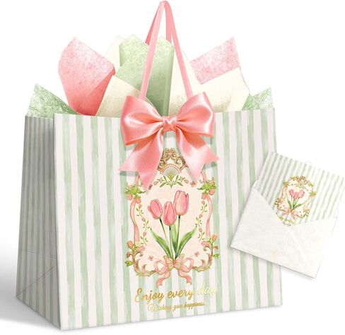 NICROHOME EUR 13'' Large Gift Bags, Green Striped Paper Gift Bag with Greeting Card Tissue Paper, Tulip and Pink Bows Gift Wrap Bags for Girls Women Birthday, Wedding, Mothers Day Gift Packing Favors in Saudi Arabia