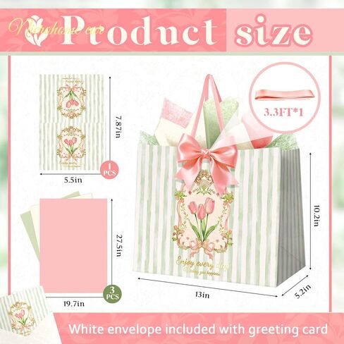 NICROHOME EUR 13'' Large Gift Bags, Green Striped Paper Gift Bag with Greeting Card Tissue Paper, Tulip and Pink Bows Gift Wrap Bags for Girls Women Birthday, Wedding, Mothers Day Gift Packing Favors in Saudi Arabia