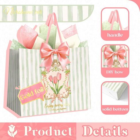 NICROHOME EUR 13'' Large Gift Bags, Green Striped Paper Gift Bag with Greeting Card Tissue Paper, Tulip and Pink Bows Gift Wrap Bags for Girls Women Birthday, Wedding, Mothers Day Gift Packing Favors in Saudi Arabia