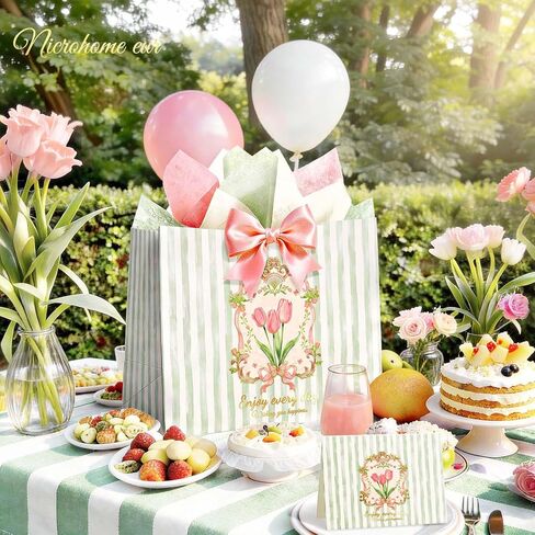 NICROHOME EUR 13'' Large Gift Bags, Green Striped Paper Gift Bag with Greeting Card Tissue Paper, Tulip and Pink Bows Gift Wrap Bags for Girls Women Birthday, Wedding, Mothers Day Gift Packing Favors in Saudi Arabia