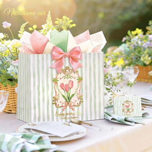 NICROHOME EUR 13'' Large Gift Bags, Green Striped Paper Gift Bag with Greeting Card Tissue Paper, Tulip and Pink Bows Gift Wrap Bags for Girls Women Birthday, Wedding, Mothers Day Gift Packing Favors in Saudi Arabia