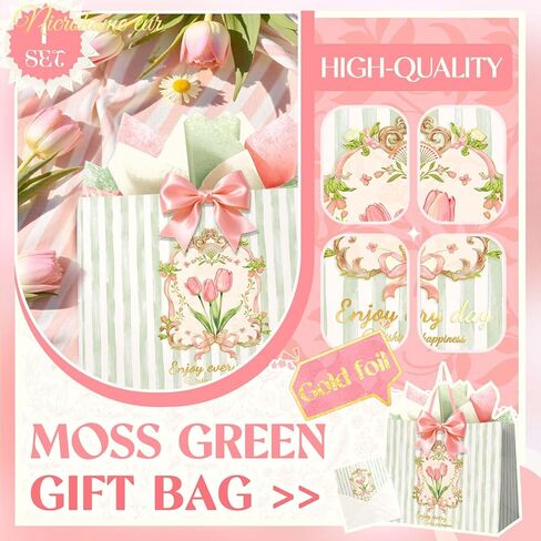 NICROHOME EUR 13'' Large Gift Bags, Green Striped Paper Gift Bag with Greeting Card Tissue Paper, Tulip and Pink Bows Gift Wrap Bags for Girls Women Birthday, Wedding, Mothers Day Gift Packing Favors in Saudi Arabia