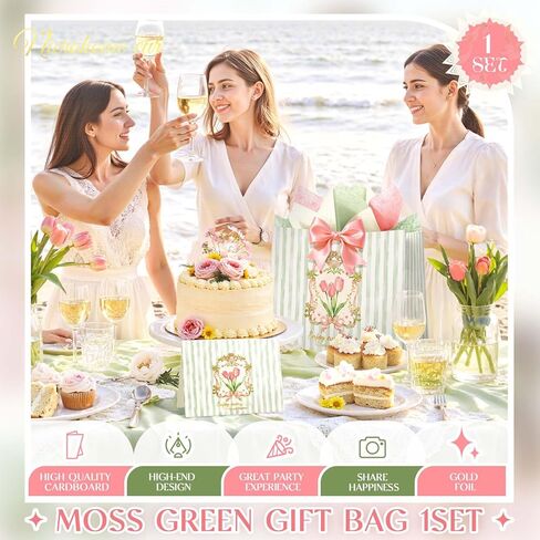 NICROHOME EUR 13'' Large Gift Bags, Green Striped Paper Gift Bag with Greeting Card Tissue Paper, Tulip and Pink Bows Gift Wrap Bags for Girls Women Birthday, Wedding, Mothers Day Gift Packing Favors in Saudi Arabia