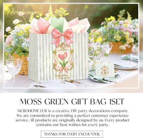 NICROHOME EUR 13'' Large Gift Bags, Green Striped Paper Gift Bag with Greeting Card Tissue Paper, Tulip and Pink Bows Gift Wrap Bags for Girls Women Birthday, Wedding, Mothers Day Gift Packing Favors in Saudi Arabia