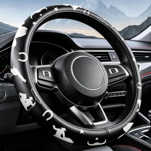 Western Cowboy Pattern PU Leather Steering Wheel Cover, Non-Slip Neoprene Lining, Universal Fit 14.5-15 Inch for Car, Truck, SUV in Saudi Arabia