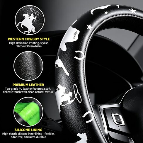 Western Cowboy Pattern PU Leather Steering Wheel Cover, Non-Slip Neoprene Lining, Universal Fit 14.5-15 Inch for Car, Truck, SUV in Saudi Arabia