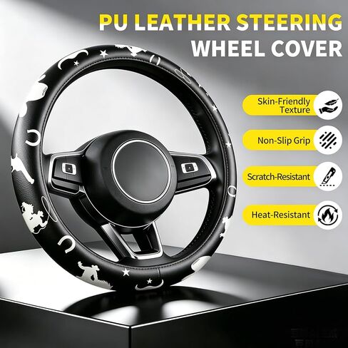Western Cowboy Pattern PU Leather Steering Wheel Cover, Non-Slip Neoprene Lining, Universal Fit 14.5-15 Inch for Car, Truck, SUV in Saudi Arabia