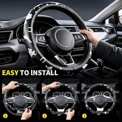 Western Cowboy Pattern PU Leather Steering Wheel Cover, Non-Slip Neoprene Lining, Universal Fit 14.5-15 Inch for Car, Truck, SUV in Saudi Arabia