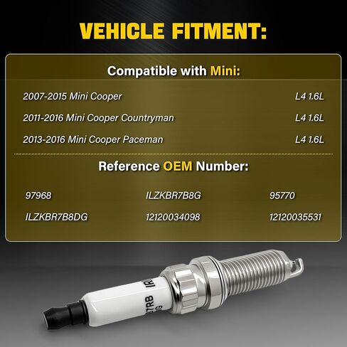 Iridium Spark Plugs Compatible with 2007-2015 Mini Cooper 2011-2016 Cooper Countryman 2013-2016 Cooper Paceman 1.6L L4 Replacement for ILZKBR7B8G 596092 97968 in Saudi Arabia