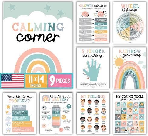 9 Boho Calming Corner Posters For Classroom Must Haves For Teachers - Calm Down Corner Supplies Elementary, Feelings Chart For Kids Ages 4-8, Emotions Chart For Kids, Calming Corner Items Kids in Saudi Arabia