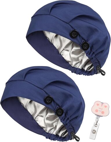 2 Pack Satin Lined Bouffant Scrub Caps with Buttons, Adjustable Scrub Caps for Women Men in Kuwait