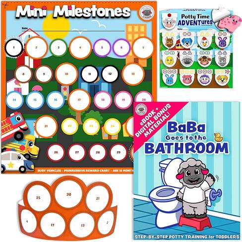 Potty TIME Adventures + MINI MILESTONES (2PK) Bundle: Reward Charts - Activity Boards - Over 800 Stickers - 14 Wooden Blocks (Busy Vehicles & Farm Animals) in Saudi Arabia