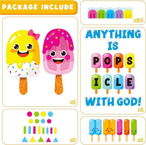 Summer Ice Pop Bulletin Board Decorations Set, Christian Sunday School Classroom Decoration Religious Sweet Colorful Popsicle Cutouts May June Library VBS Church Window Wall Decor for Teacher in Saudi Arabia