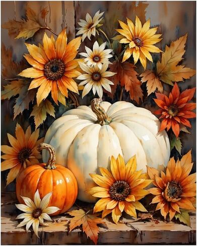 EnLvYY Paint by Numbers Kit for Adults 16x20, DIY Acrylic Painting on Canvas, Autumn Harvest Pumpkins Sunflowers Fall Leaves, Beginner Wall Art Gift for Thanksgiving Home Décor Unframed in Saudi Arabia