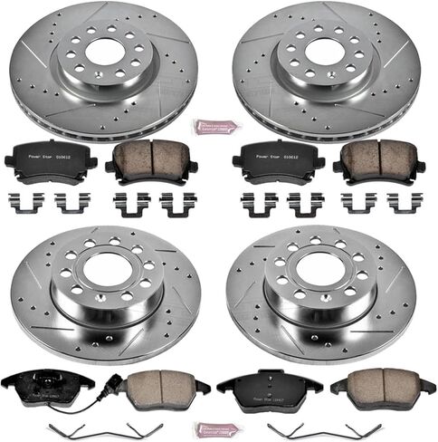 PowerStop Front and Rear Brake Kit for Audi A3 2008 | Volkswagen Jetta 2006-10 - Drilled and Slotted Disc Rotors with Carbon-Fiber Ceramic Brake Pads Replacement, K5363 in Kuwait