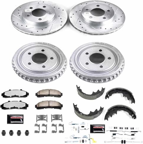 PowerStop Front & Rear Brake Kit With Brake Drums For Ford Ranger 1998-02 |Mazda B3000 1998-02 - Truck & Tow Carbon Fiber Ceramic Brake Pads + Drilled & Slotted Rotors Upgrade, K15149DK-36 in Kuwait