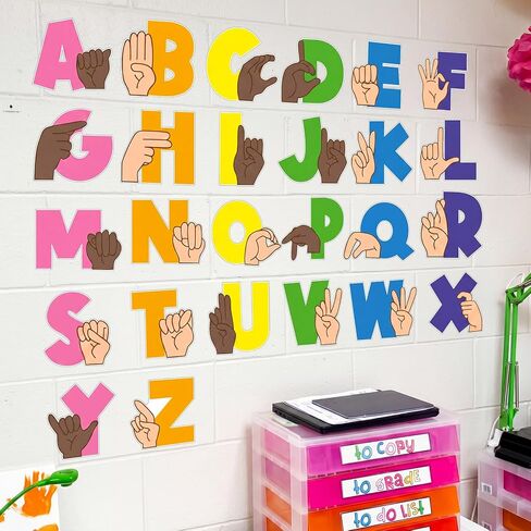 Sabary 26 Pieces Back to School Asl Alphabet Bulletin Board Wall Decorations for Classroom Abc Signal hand Language Flash Cards for Back to School Pre-school Kindergarten Elementary Nursery Homeschool in Kuwait