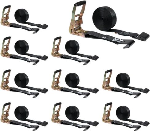 Mytee Products 10 Pack 2" x30' Black Ratchet Straps with Flat Hooks - 3,333 Lbs WLL - Heavy Duty Tie Down Ratchet Straps for Flatbed, Truck, Trailers, Cargo, Pickup in Kuwait