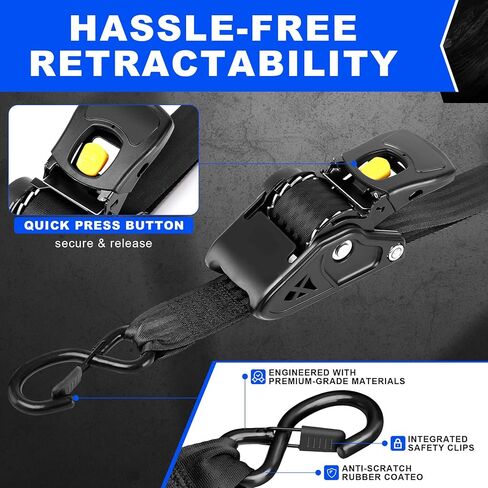 Retractable Ratchet Straps 2 Inch x 10 Feet, Heavy Duty Auto Retract Tie Down Straps, 3500 lb Break Strength Cargo Straps with Steel Hooks for Truck, Trailer, Moving, 2 Pack in Saudi Arabia