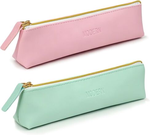 2PCS Faux Leather Pencil Case Pouch,Slim Aesthetic Pen Bags with Zipper Cute Small Makeup Brush Pouches for Purse Desk Organizer Office (2, PinkGreen) in Saudi Arabia
