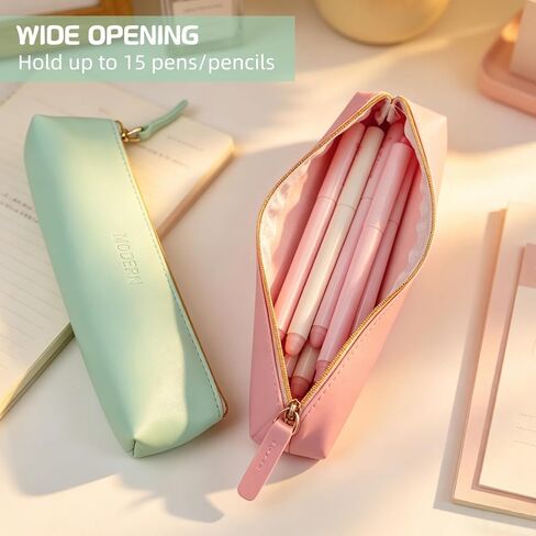 2PCS Faux Leather Pencil Case Pouch,Slim Aesthetic Pen Bags with Zipper Cute Small Makeup Brush Pouches for Purse Desk Organizer Office (2, PinkGreen) in Saudi Arabia