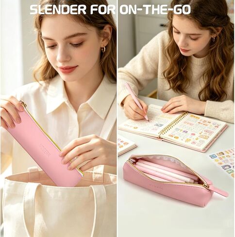 2PCS Faux Leather Pencil Case Pouch,Slim Aesthetic Pen Bags with Zipper Cute Small Makeup Brush Pouches for Purse Desk Organizer Office (2, PinkGreen) in Saudi Arabia