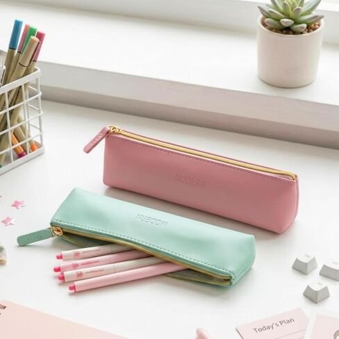 2PCS Faux Leather Pencil Case Pouch,Slim Aesthetic Pen Bags with Zipper Cute Small Makeup Brush Pouches for Purse Desk Organizer Office (2, PinkGreen) in Saudi Arabia