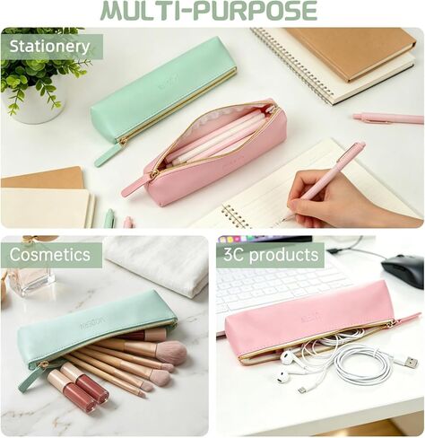 2PCS Faux Leather Pencil Case Pouch,Slim Aesthetic Pen Bags with Zipper Cute Small Makeup Brush Pouches for Purse Desk Organizer Office (2, PinkGreen) in Saudi Arabia