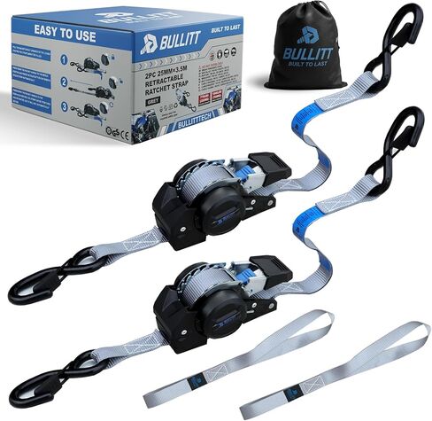 Bullitt Decelerating Retractable Ratchet Straps Set, 1540lbs Break Strength, 1" x 11.5', with 15'' Soft Loops*2, S-Hook Tie Down Straps*2,Auto Self Retracting Straps with, Motorcycles/Car/Household in Saudi Arabia