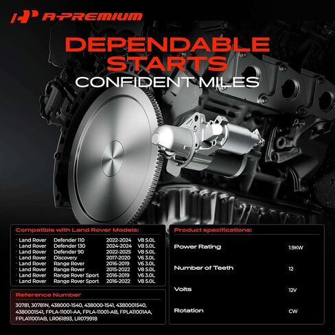 A-Premium Starter Motor Compatible with Land Rover Range Rover 2015-2022, Range Rover Sport 2016-2022, Discovery 2017-2020, Defender 90 Defender 110 2022-2023, 3.0L 5.0L, 12V 1.9KW 12-Teeth CW in Kuwait